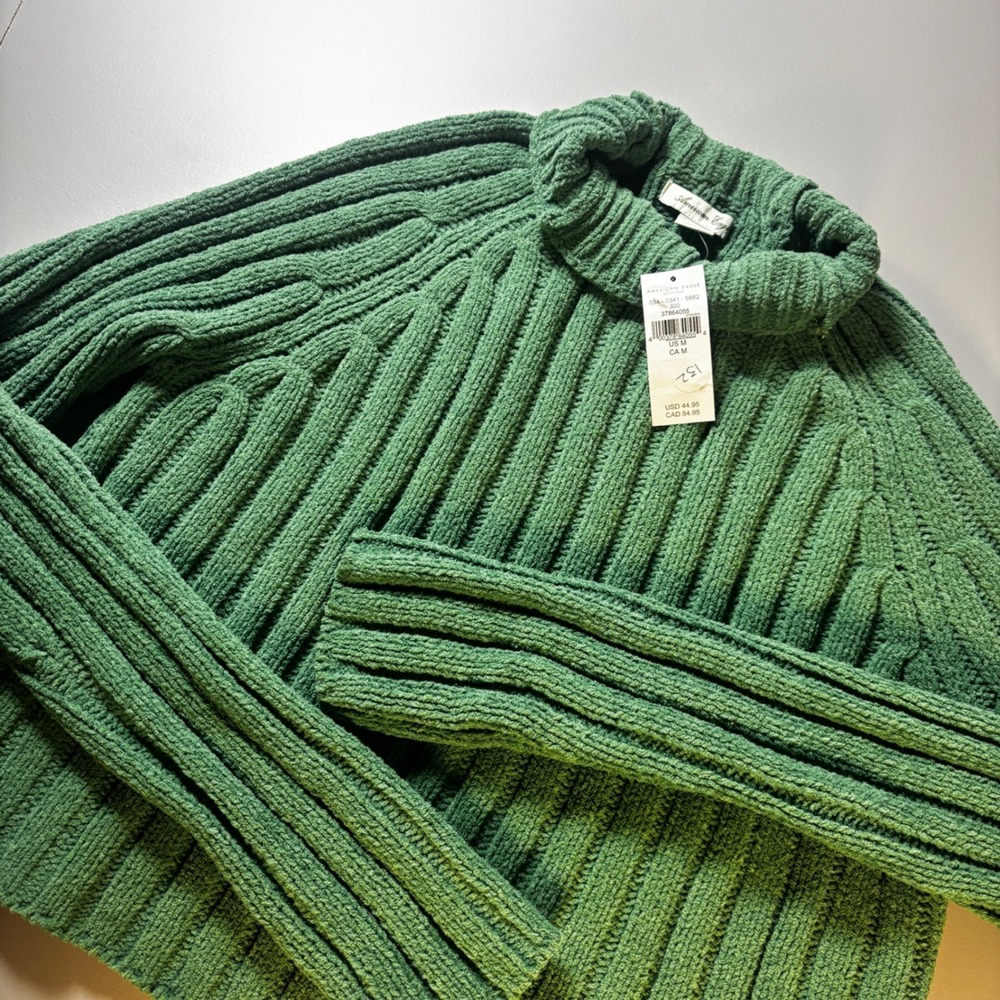 American Eagle Women's Medium Cropped‎ Knit Green Turtleneck Sweater Long Sleeve